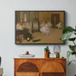 The Dancing Class, c. 1870 by Edgar Degas in a black floater framed canvas featuring a ballet class with dancers practicing positions under instructor guidance, displayed above a wood console cabinet.