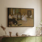 Black floater framed canvas of The Dancing Class, c. 1870 by Edgar Degas, featuring a rehearsal scene with ballerinas in tutus arranged in studio above a sideboard in a softly lit hallway.