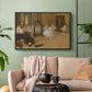 Black floater framed canvas featuring a group of dancers mid-practice with teacher overseeing, displayed above a sofa in a modern living room.