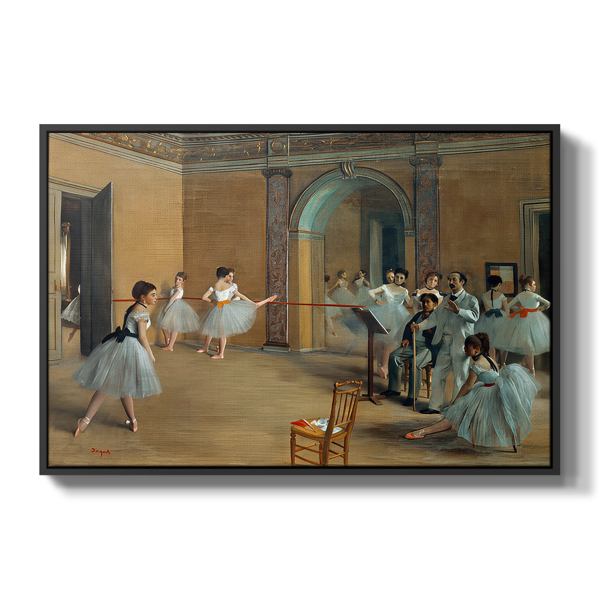The Dance Foyer at the Opera on the Rue Le Peletier, 1872 by Edgar Degas in a black floater framed canvas wall art display.