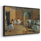 Angled view of The Dance Foyer at the Opera on the Rue Le Peletier, 1872 by Edgar Degas in a black floater framed canvas.