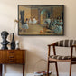The Dance Foyer at the Opera on the Rue Le Peletier, 1872 by Edgar Degas as a black floater framed canvas featuring an impressionist depiction of ballet foyer with multiple figures, styled above a mid-century console in a contemporary living area.