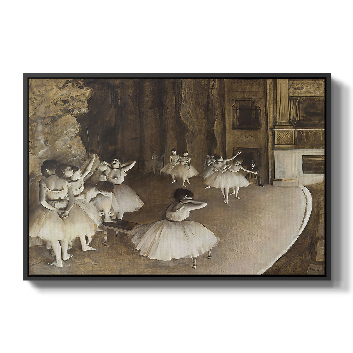 The Rehearsal of the Ballet Onstage, 1874 by Edgar Degas in a black floater framed canvas wall art display.