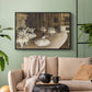 Black floater framed canvas featuring dancers arranged on stage with visible set and depth, displayed above a sofa in a modern living room.