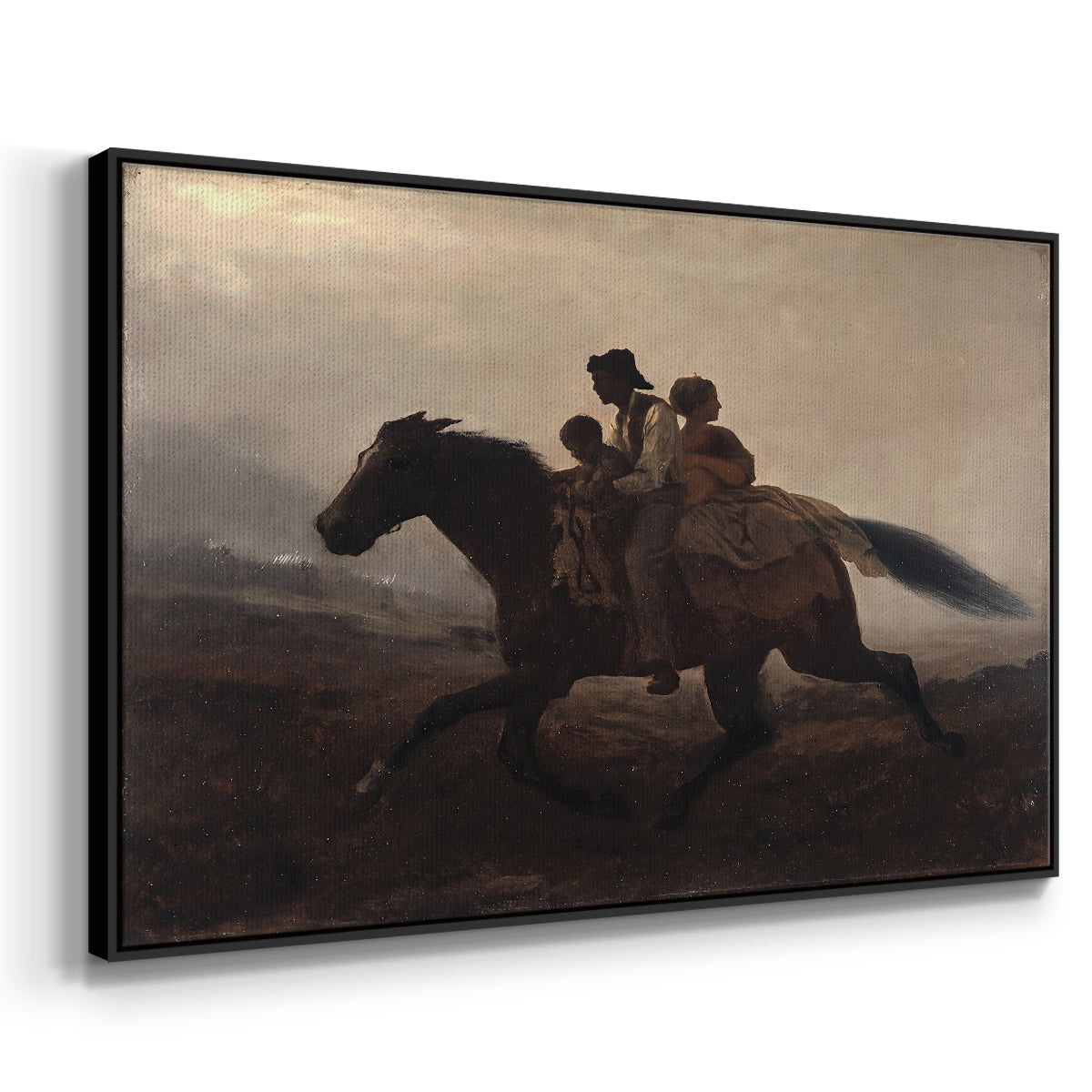 Angled view of A Ride for Liberty – The Fugitive Slaves, c. 1862 by Eastman Johnson in a black floater framed canvas.
