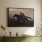 Black floater framed canvas of A Ride for Liberty – The Fugitive Slaves, c. 1862 by Eastman Johnson, featuring a dramatic scene of enslaved people fleeing on horseback in darkness above a sideboard in a softly lit hallway.