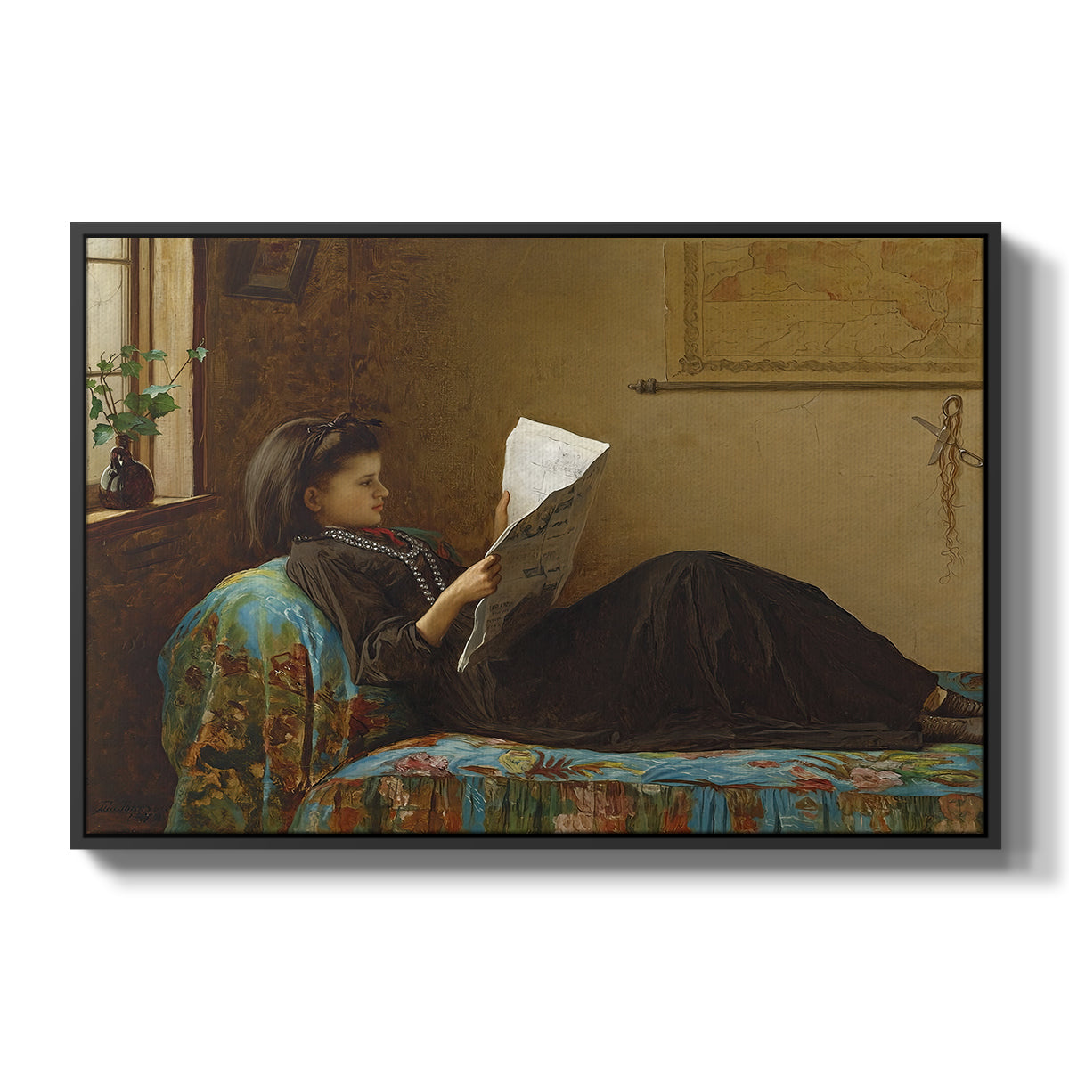 Interesting News, 1872 by Eastman Johnson in a black floater framed canvas wall art display.