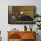 Interesting News, 1872 by Eastman Johnson in a black floater framed canvas featuring a group of people gathered indoors reading newspaper together, displayed above a wood console cabinet.