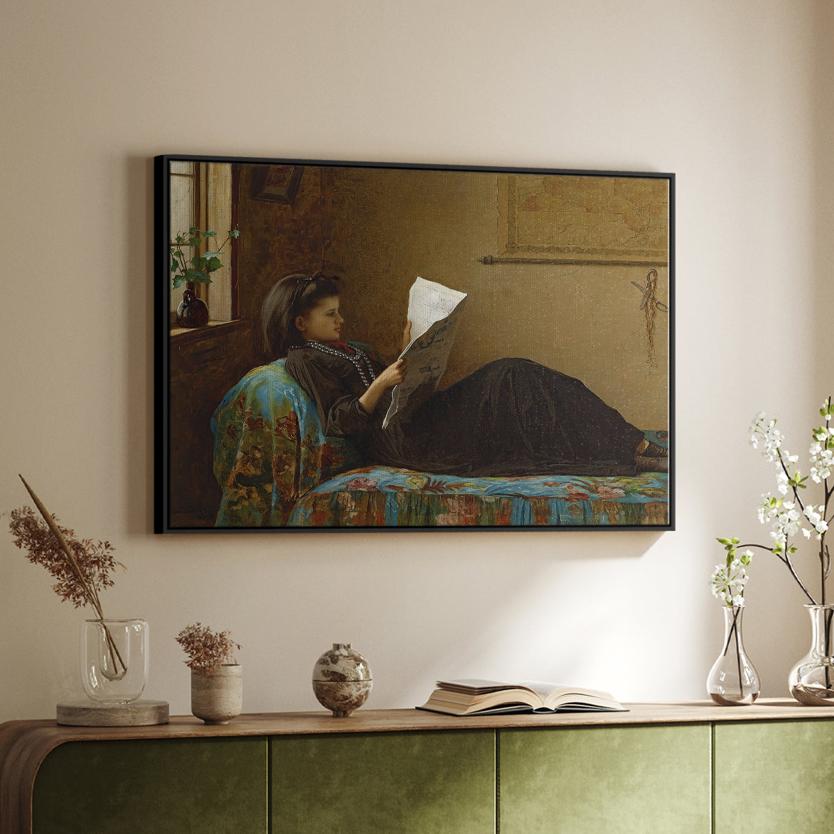 Black floater framed canvas of Interesting News, 1872 by Eastman Johnson, featuring a domestic scene with figures reacting to shared news above a sideboard in a softly lit hallway.