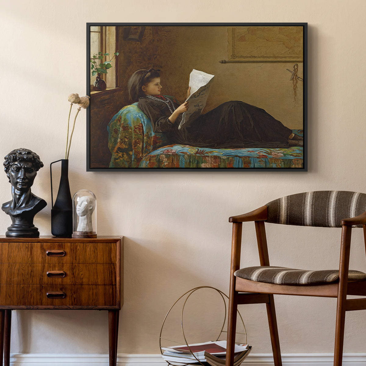 Interesting News, 1872 by Eastman Johnson as a black floater framed canvas featuring an Americana interior with people focused on printed page, styled above a mid-century console in a contemporary living area.
