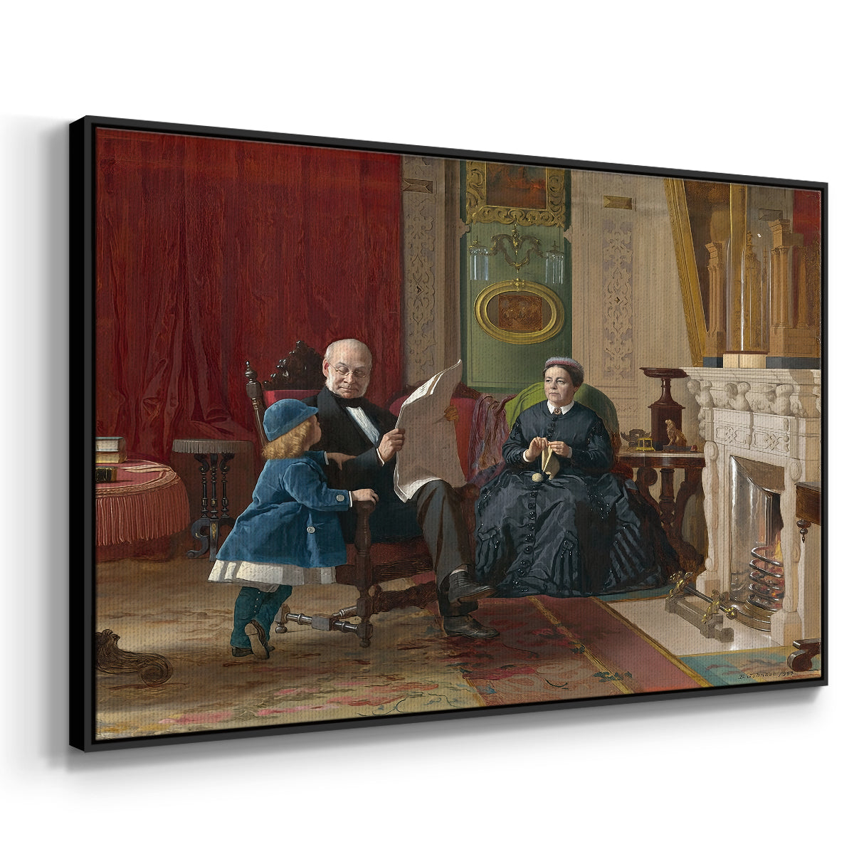 Angled view of The Brown Family, 1869 by Eastman Johnson in a black floater framed canvas.