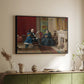 Black floater framed canvas of The Brown Family, 1869 by Eastman Johnson, featuring a domestic portrait of group gathered in modest home setting above a sideboard in a softly lit hallway.