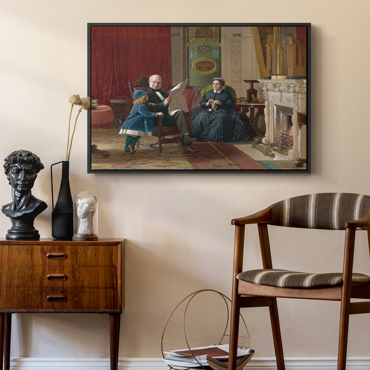 The Brown Family, 1869 by Eastman Johnson as a black floater framed canvas featuring an Americana scene with figures sitting and interacting indoors, styled above a mid-century console in a contemporary living area.