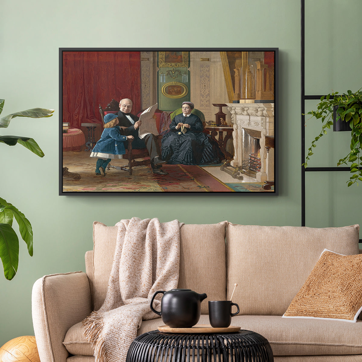 Black floater framed canvas featuring a family group portrait with warm interior tones, displayed above a sofa in a modern living room.