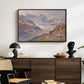 Odenwinklkees with the Johannisberg, 1902 by Edward Theodore Compton displayed in a black floater framed canvas above a dark wood credenza in an entryway.