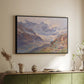Black floater framed canvas of Odenwinklkees with the Johannisberg, 1902 by Edward Theodore Compton, featuring a mountain scene with glacier stretching through rocky valley above a sideboard in a softly lit hallway.