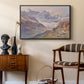 Odenwinklkees with the Johannisberg, 1902 by Edward Theodore Compton as a black floater framed canvas featuring a realistic depiction of high-altitude snowy peaks, styled above a mid-century console in a contemporary living area.