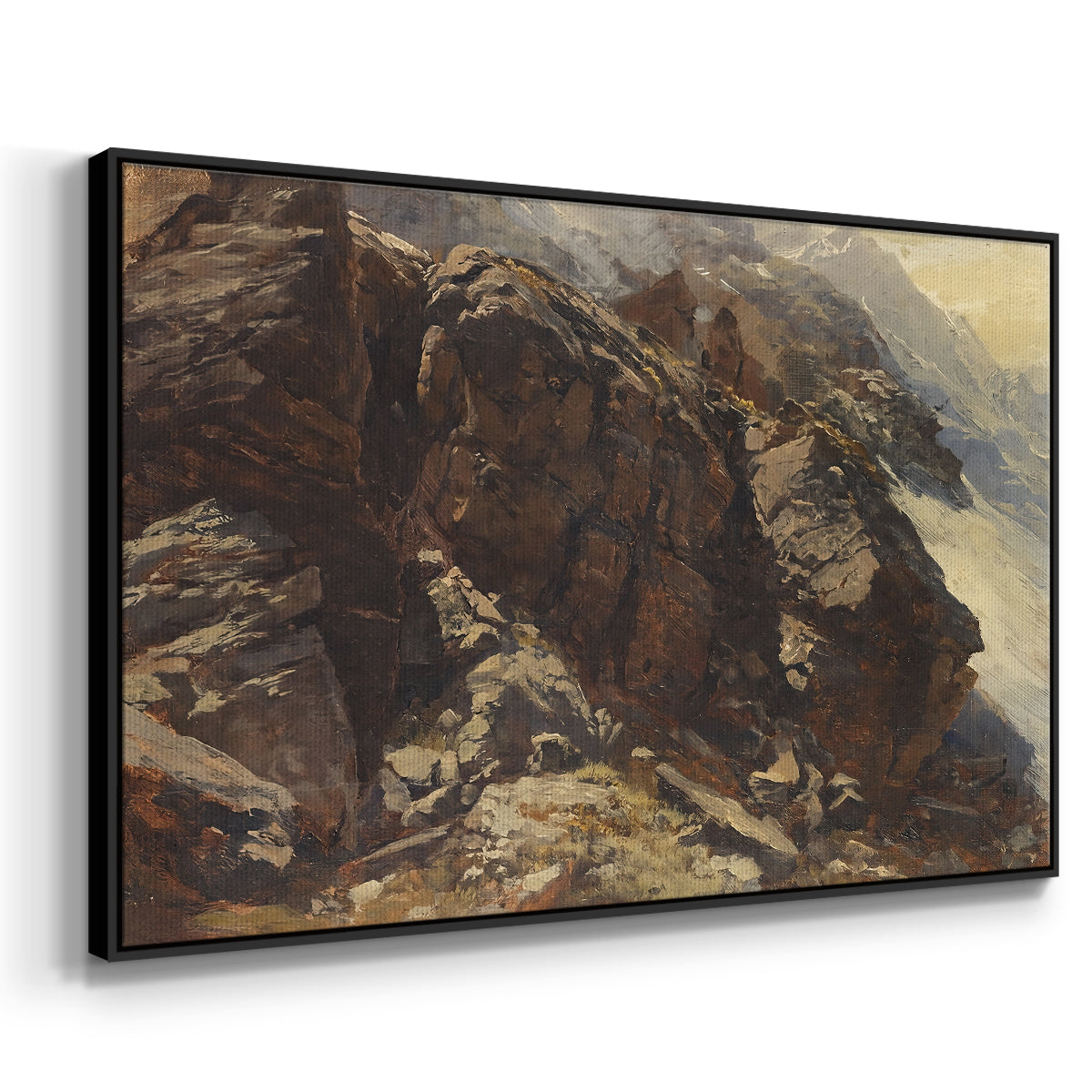 Angled view of High Mountain Study, c. 1870 by Edward Theodore Compton in a black floater framed canvas.