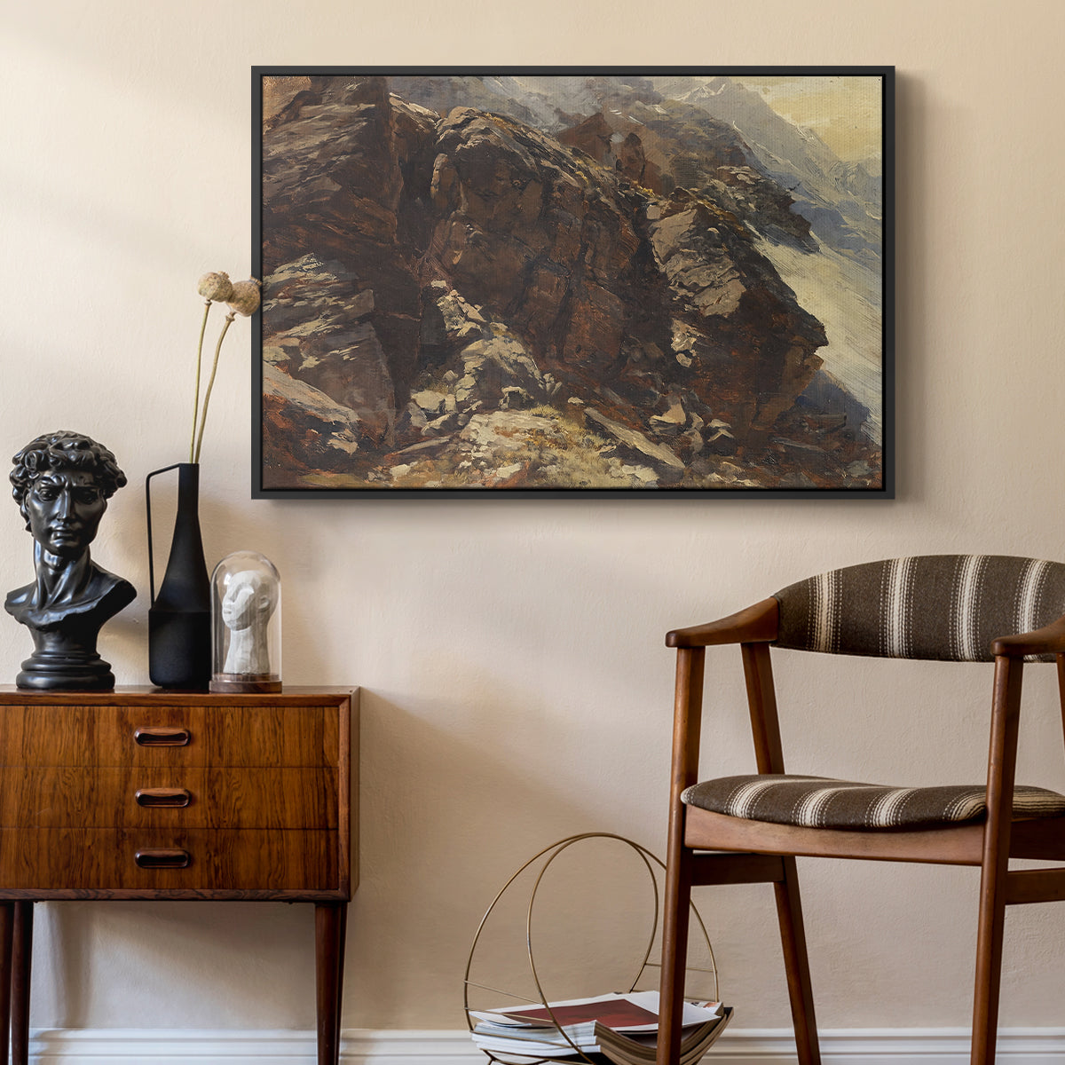 High Mountain Study, c. 1870 by Edward Theodore Compton as a black floater framed canvas featuring a high-altitude scene with rocky formations and sparse vegetation, styled above a mid-century console in a contemporary living area.