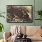 Black floater framed canvas featuring a realistic depiction of mountainous terrain under open sky, displayed above a sofa in a modern living room.