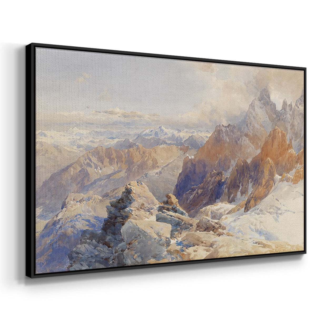 Angled view of Col du Géant, 1903 by Edward Theodore Compton in a black floater framed canvas.