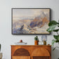 Col du Géant, 1903 by Edward Theodore Compton in a black floater framed canvas featuring a mountain pass with snow-covered peaks and expansive alpine valley, displayed above a wood console cabinet.