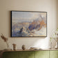 Black floater framed canvas of Col du Géant, 1903 by Edward Theodore Compton, featuring a high mountain landscape featuring dramatic ridges and glacier terrain above a sideboard in a softly lit hallway.