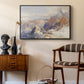 Col du Géant, 1903 by Edward Theodore Compton as a black floater framed canvas featuring a panoramic alpine view with snow and rocky cliffs, styled above a mid-century console in a contemporary living area.