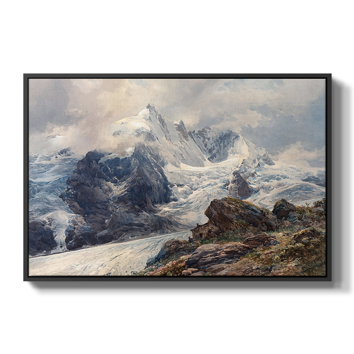 The Grossglockner, 1880 by Edward Theodore Compton in a black floater framed canvas wall art display.