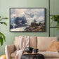 Black floater framed canvas featuring an alpine peak dominating surrounding terrain, displayed above a sofa in a modern living room.
