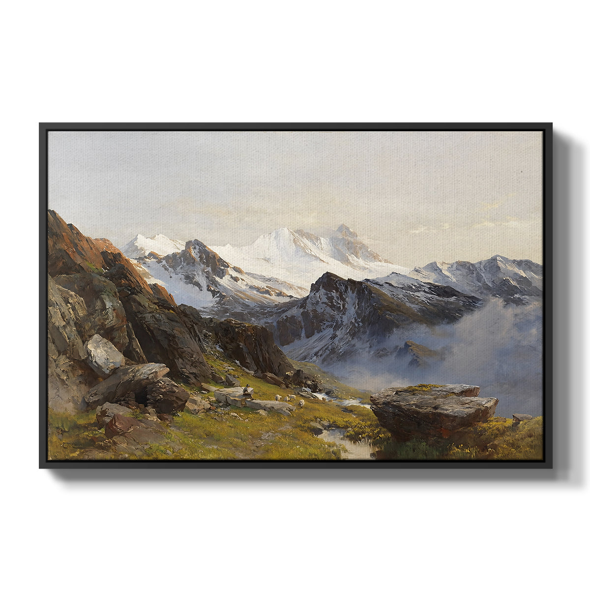 The Großglockner from the Prager Hut, 1890 by Edward Theodore Compton in a black floater framed canvas wall art display.