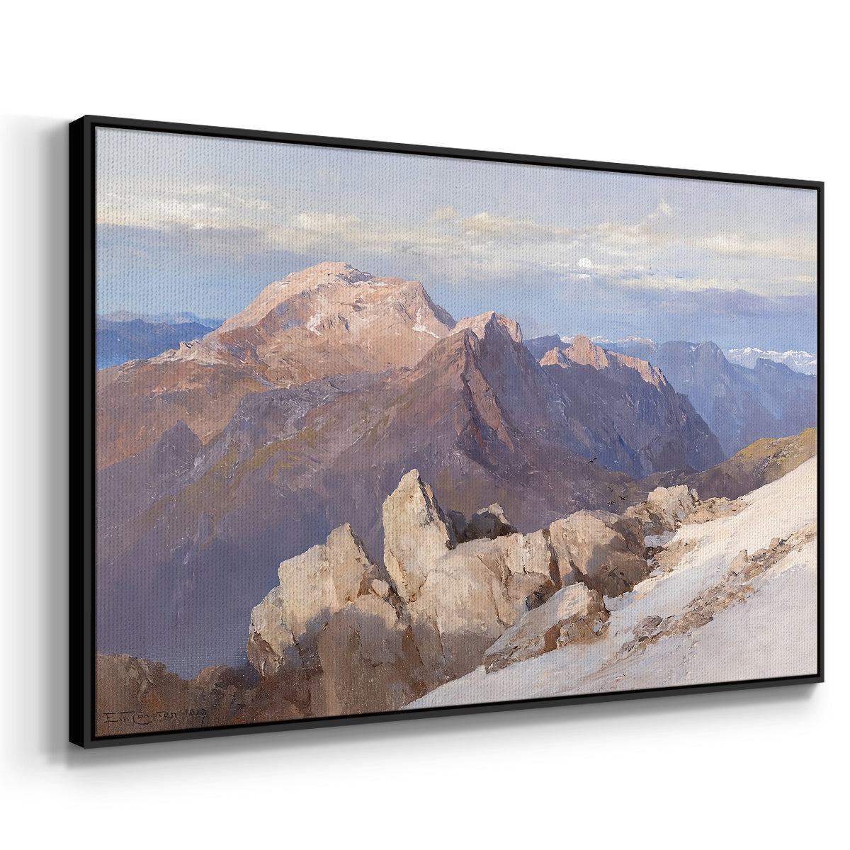 Angled view of Hoher Göll from Watzmann-Hocheck, 1919 by Edward Theodore Compton in a black floater framed canvas.