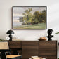 Landscape at Lake Starnberg, 1890 by Edward Theodore Compton displayed in a black floater framed canvas above a dark wood credenza in an entryway.