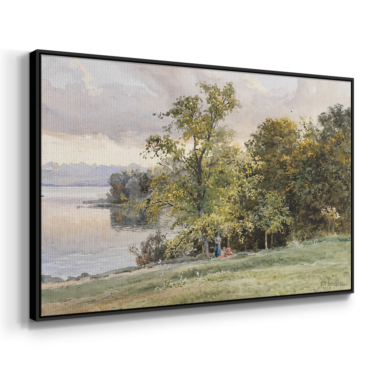 Angled view of Landscape at Lake Starnberg, 1890 by Edward Theodore Compton in a black floater framed canvas.