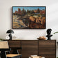 Palatine in Rome, c. 1921 by Edward Theodore Compton displayed in a black floater framed canvas above a dark wood credenza in an entryway.