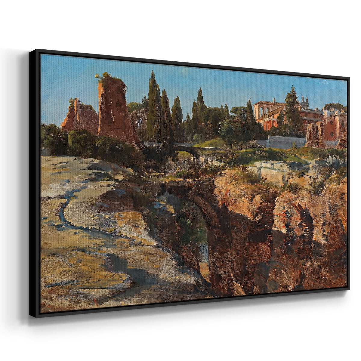Angled view of Palatine in Rome, c. 1921 by Edward Theodore Compton in a black floater framed canvas.