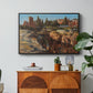 Palatine in Rome, c. 1921 by Edward Theodore Compton in a black floater framed canvas featuring historic Roman ruins and buildings set within warm landscape, displayed above a wood console cabinet.