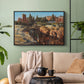 Black floater framed canvas featuring a detailed depiction of historic Roman architecture, displayed above a sofa in a modern living room.