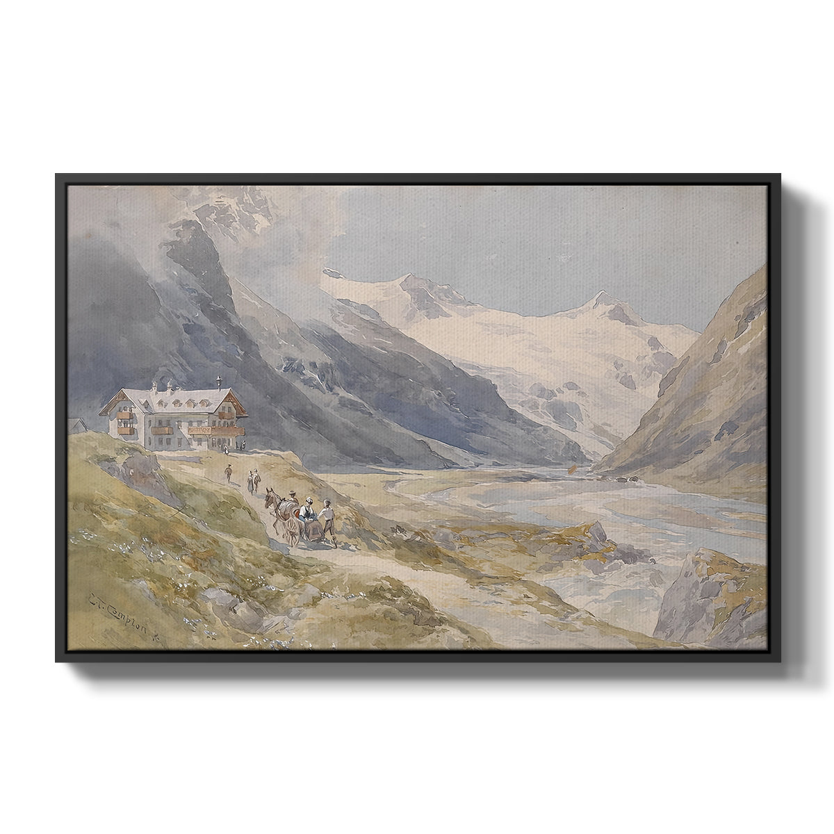 Shepherds (Pasterze), c. 1921 by Edward Theodore Compton in a black floater framed canvas wall art display.