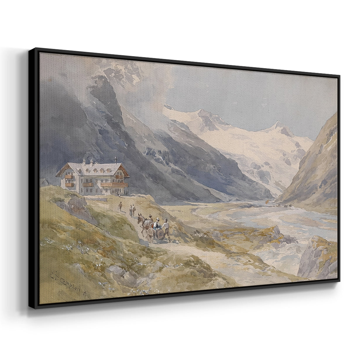 Angled view of Shepherds (Pasterze), c. 1921 by Edward Theodore Compton in a black floater framed canvas.