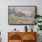 Shepherds (Pasterze), c. 1921 by Edward Theodore Compton in a black floater framed canvas featuring a small group of shepherds in alpine landscape with grazing animals, displayed above a wood console cabinet.