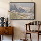 Shepherds (Pasterze), c. 1921 by Edward Theodore Compton as a black floater framed canvas featuring a rural alpine setting with shepherds and open terrain, styled above a mid-century console in a contemporary living area.