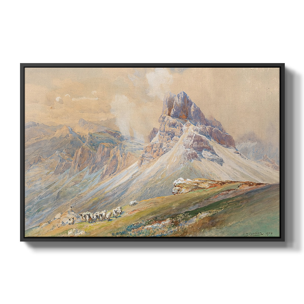 From the Dolomites, 1904 by Edward Theodore Compton in a black floater framed canvas wall art display.