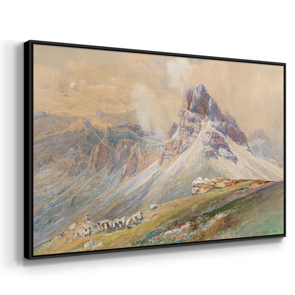 Angled view of From the Dolomites, 1904 by Edward Theodore Compton in a black floater framed canvas.