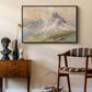From the Dolomites, 1904 by Edward Theodore Compton as a black floater framed canvas featuring an expansive landscape featuring iconic Dolomite peaks, styled above a mid-century console in a contemporary living area.