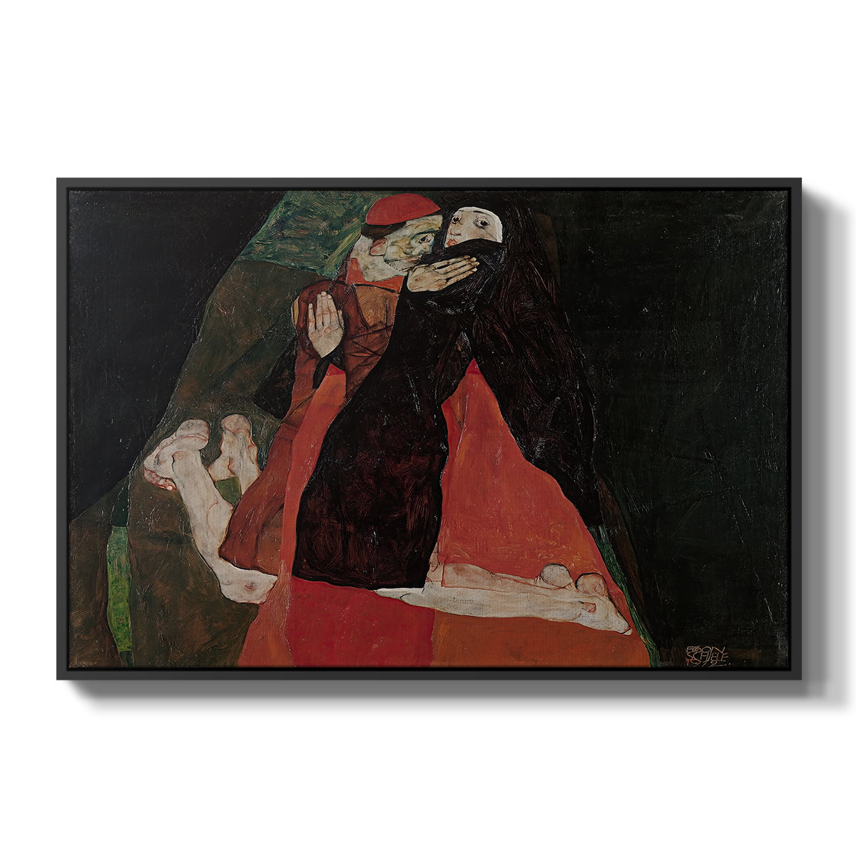 Cardinal and Nun (Caress), 1912 by Egon Schiele in a black floater framed canvas wall art display.