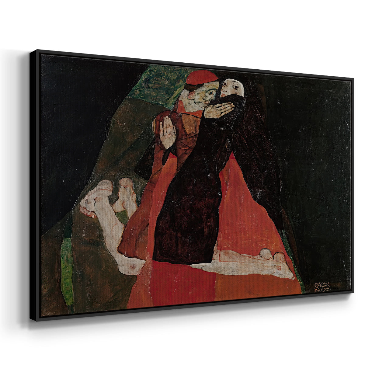 Angled view of Cardinal and Nun (Caress), 1912 by Egon Schiele in a black floater framed canvas.