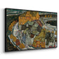Angled view of Crescent of Houses II (Island Town), 1915 by Egon Schiele in a black floater framed canvas.