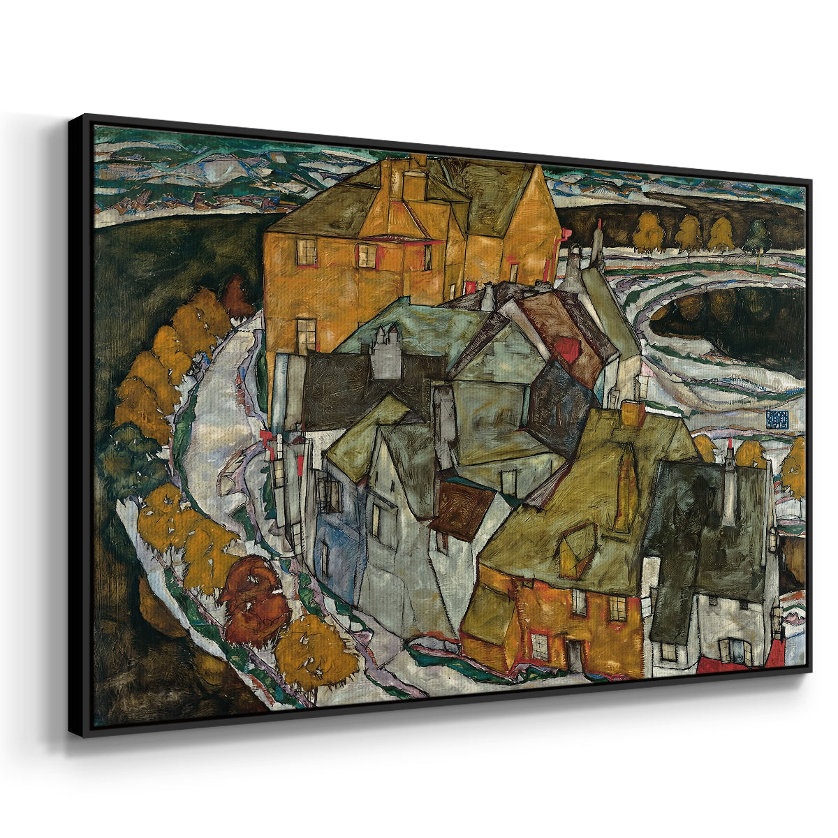 Angled view of Crescent of Houses II (Island Town), 1915 by Egon Schiele in a black floater framed canvas.