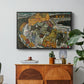 Crescent of Houses II (Island Town), 1915 by Egon Schiele in a black floater framed canvas featuring a curved row of colorful houses forming crescent shape along water, displayed above a wood console cabinet.